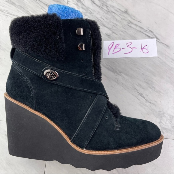 •Coach Kenna Wedge Booties Womens Size 9 B Black Suede Shearling Ankle Boots - Picture 1 of 14